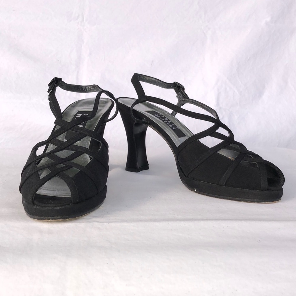 Stuart Weitzman “Judy”, Black Peau, Fabric, w/3.5” Heel & Open Toe
